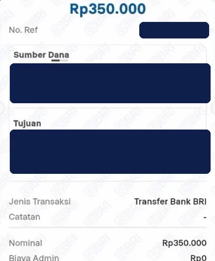 Bukti bayar Rp350.000, Transfer BRI
