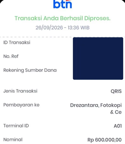 Bukti bayar Rp600.000, BTN · QRIS